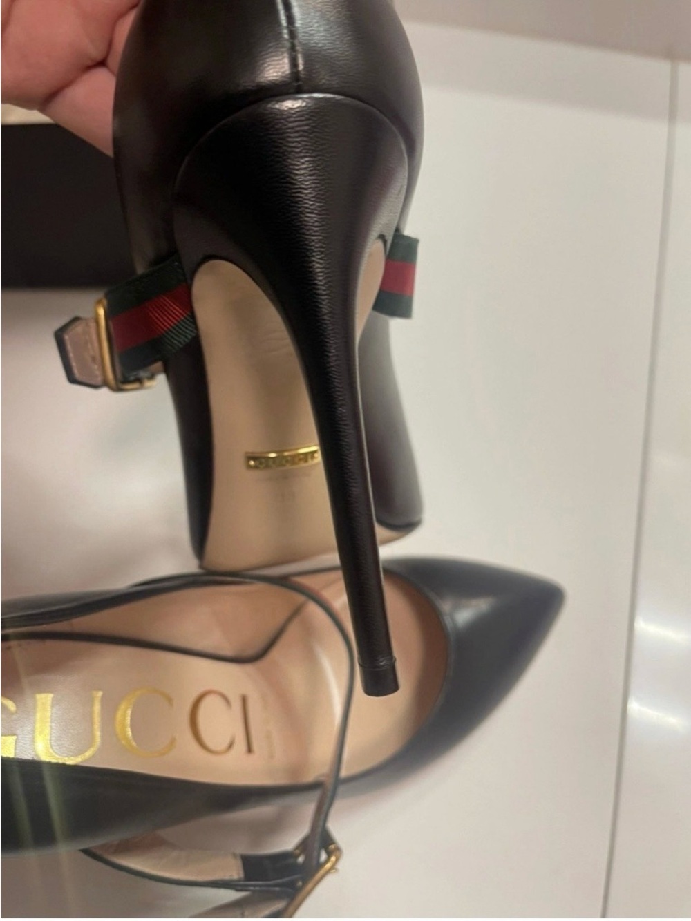 Gucci Black Leather Pointed-Toe High Heels with Signature Web Strap - Picture 10 of 12
